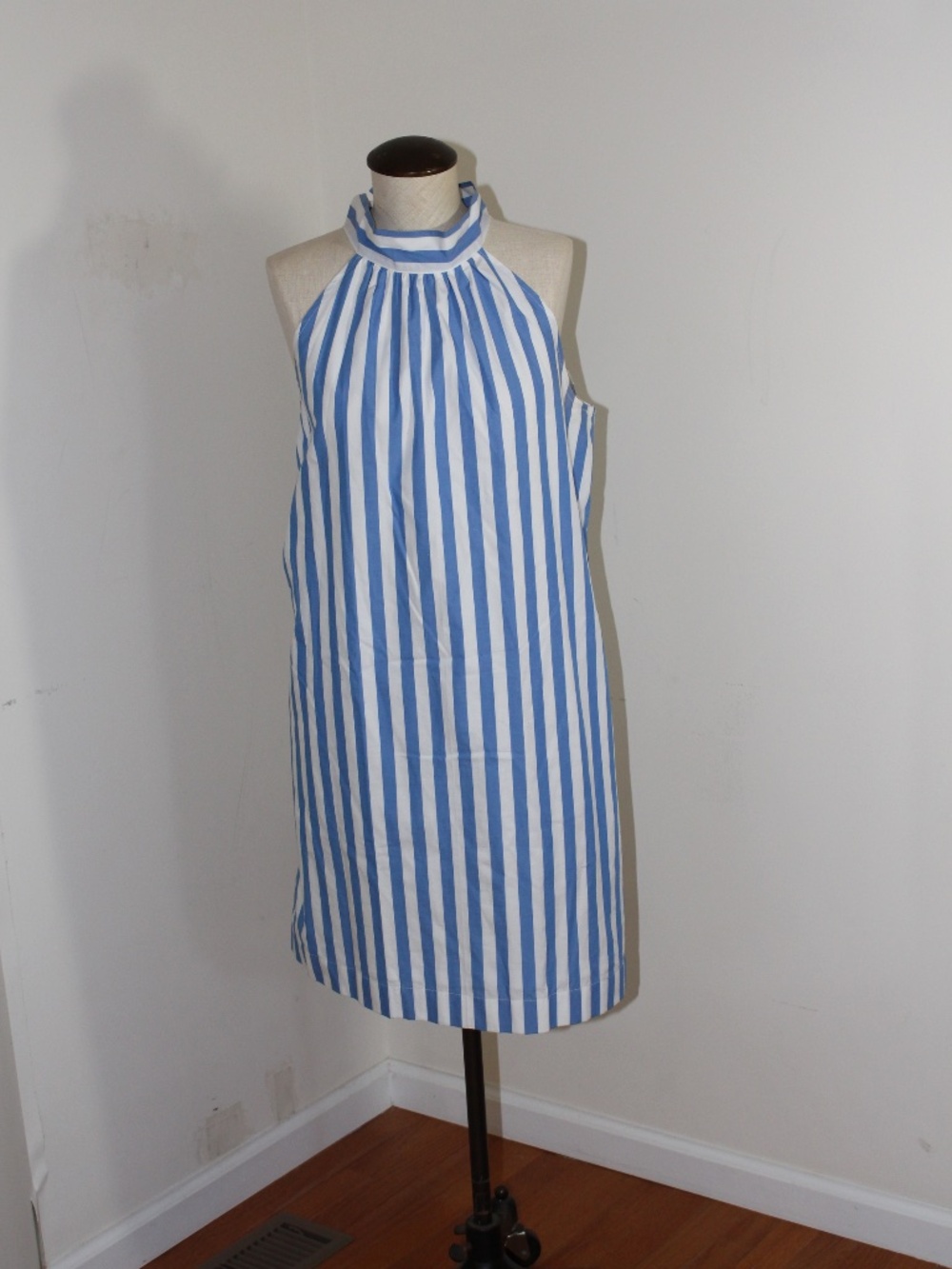 J. Crew Blue and White Vertical Stripe Halter  Tie neck shift Dress